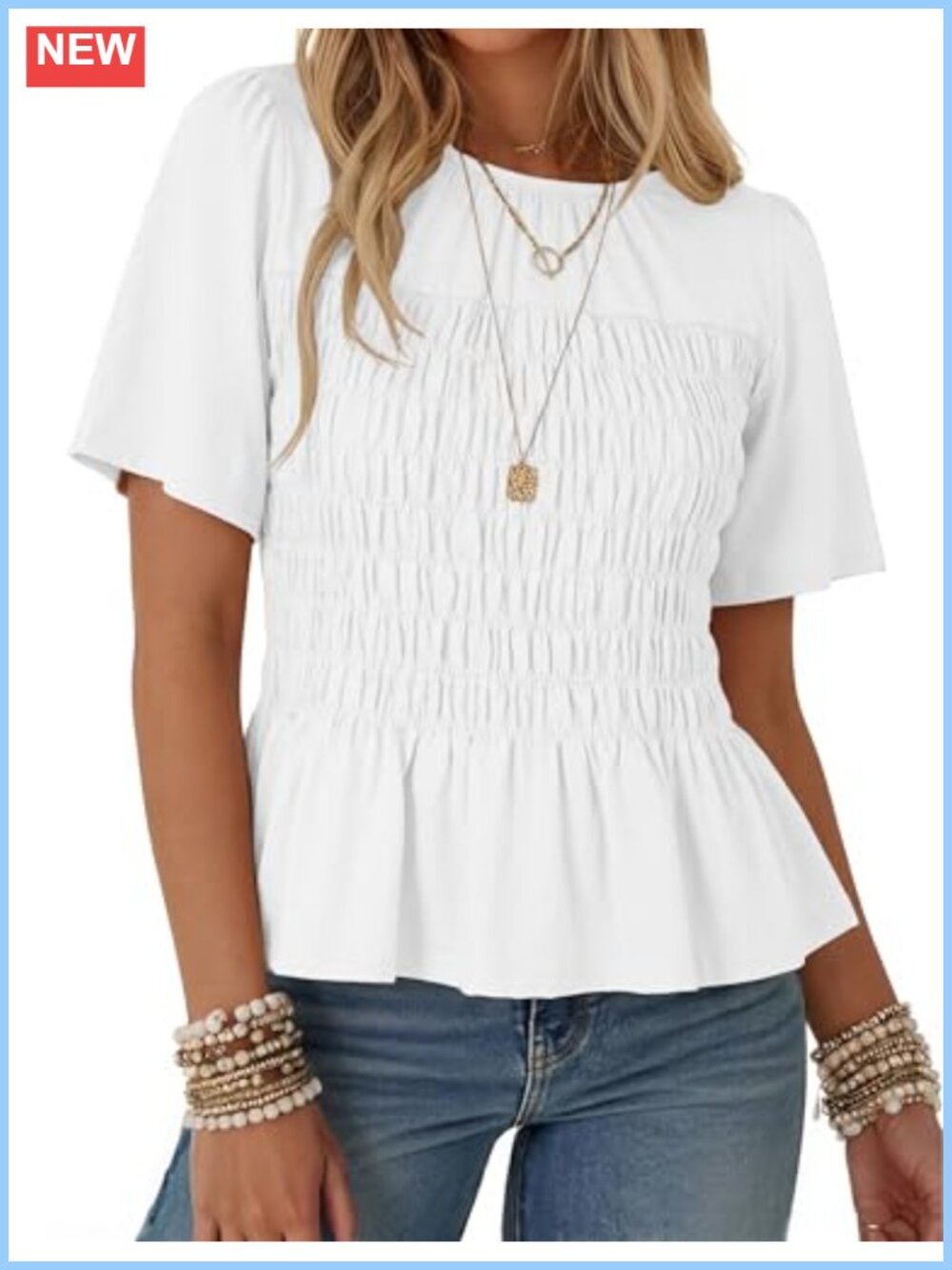 Womens Short Sleeve Smocked Peplum Babydoll Blouse Cotton Spandex Stretchy